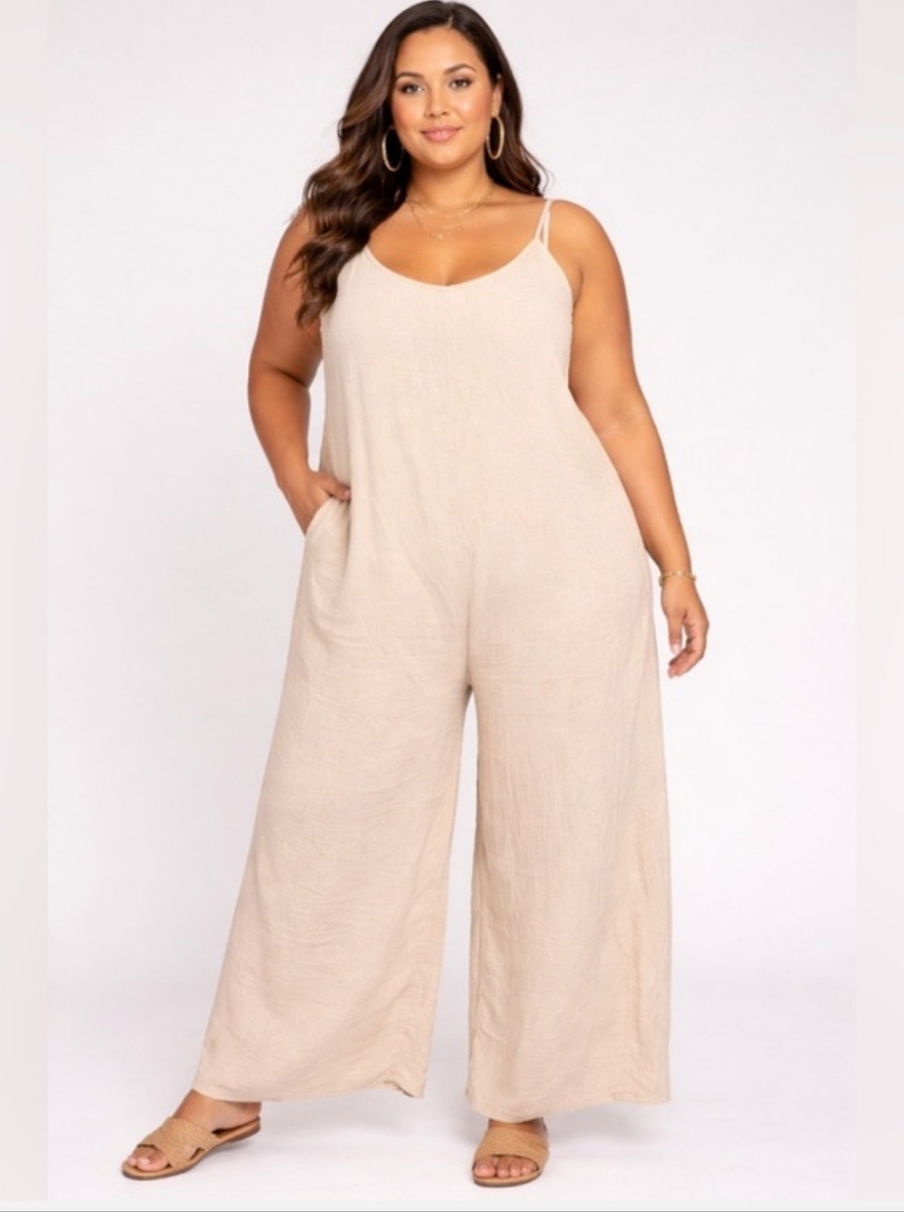 Hunter & Brown Light Beige Wide-Leg Spaghetti-Strap Jumpsuit Boho Summer XL